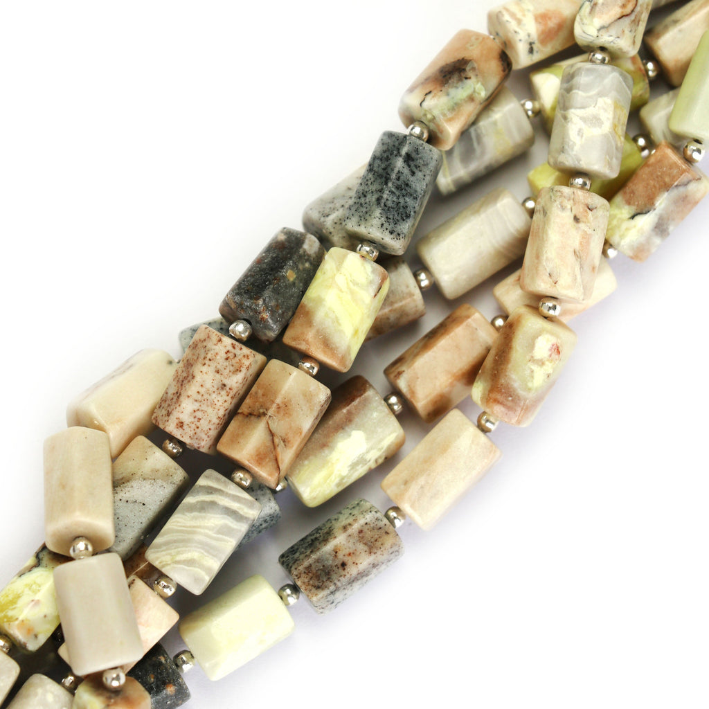 Serpentine with Calcite Cylinder Faceted Beads, Cylinder Faceted- 7x10.5 mm to 7x12.5 mm - Gem Quality , 14 Cm Full Strand, Price Per Strand - National Facets, Gemstone Manufacturer, Natural Gemstones, Gemstone Beads