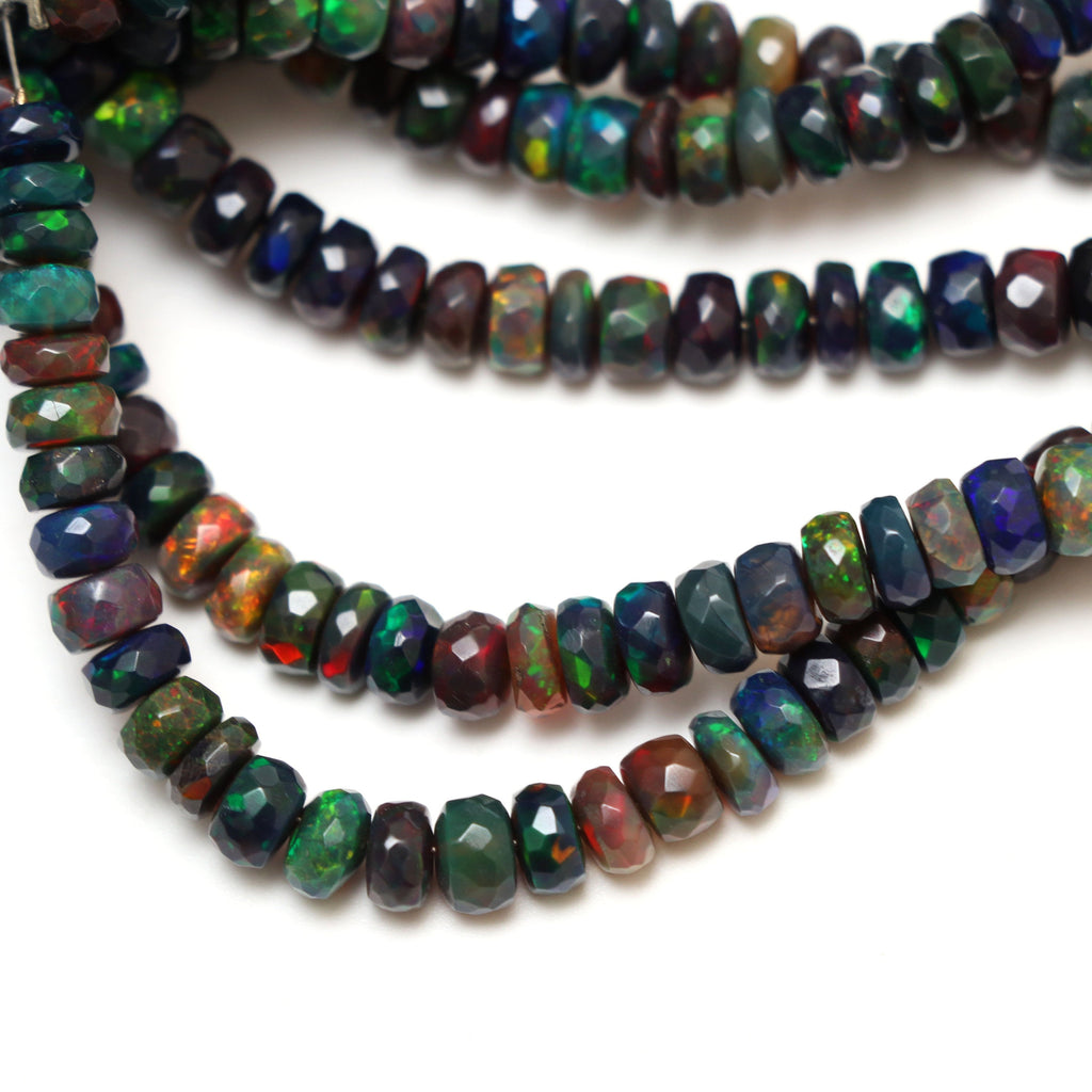 Natural Black Ethiopian Opal Smooth Rondelle Beads | 6 mm to 7.5 mm | 8 Inches/ 18 Inches Full Strand | Price Per Strand - National Facets, Gemstone Manufacturer, Natural Gemstones, Gemstone Beads