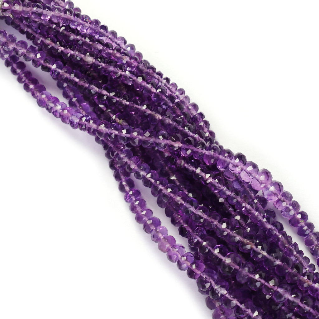 Amethyst Faceted Beads, Amethyst Rondelle Beads, Faceted Beads, Round Beads, Fine Quality, Natural, 4mm to 6 mm, 8 Inch Strand - National Facets, Gemstone Manufacturer, Natural Gemstones, Gemstone Beads