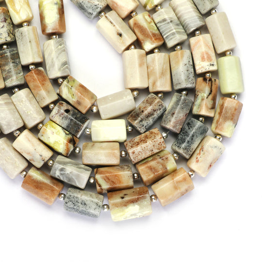 方解石入りサーペンティン シリンダー ファセット ビーズ、7x10.5 mm ～ 7x12.5 mm、サーペンティン ジュエリー メイキング ビーズ、14 cm フル ストランド、1 ストランドあたりの価格