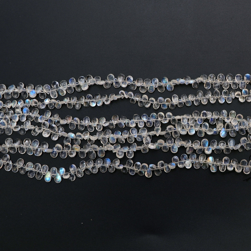 Natural Rainbow Moonstone Faceted Pear Briolette Beads, 4.5x7 MM to 5x7.5 MM, Moonstone Strand, 8 Inch/16 inch Full Strand, per strand price - National Facets, Gemstone Manufacturer, Natural Gemstones, Gemstone Beads