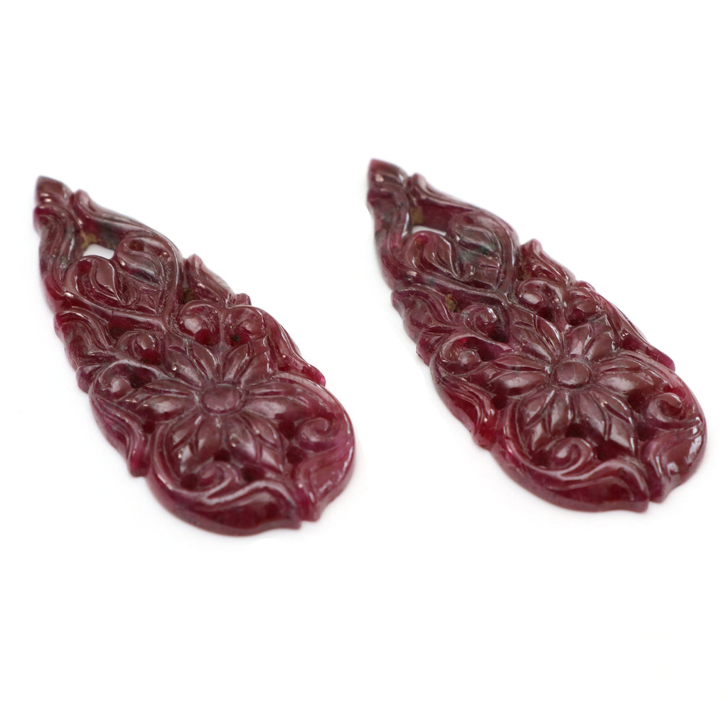 Natural Ruby Carving Pear Shaped Loose Gemstone - 19x48 mm - Ruby Pear, Ruby Carving Loose Gemstone, Pair (2 Pieces) - National Facets, Gemstone Manufacturer, Natural Gemstones, Gemstone Beads