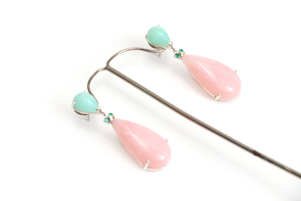 Chrysoprase Pear, Emerald , Pink Opal Pear Earrings | Beautiful Natural Gemstone Earrings | 925 Sterling Silver Prong Earrings, Gift For Her - National Facets, Gemstone Manufacturer, Natural Gemstones, Gemstone Beads