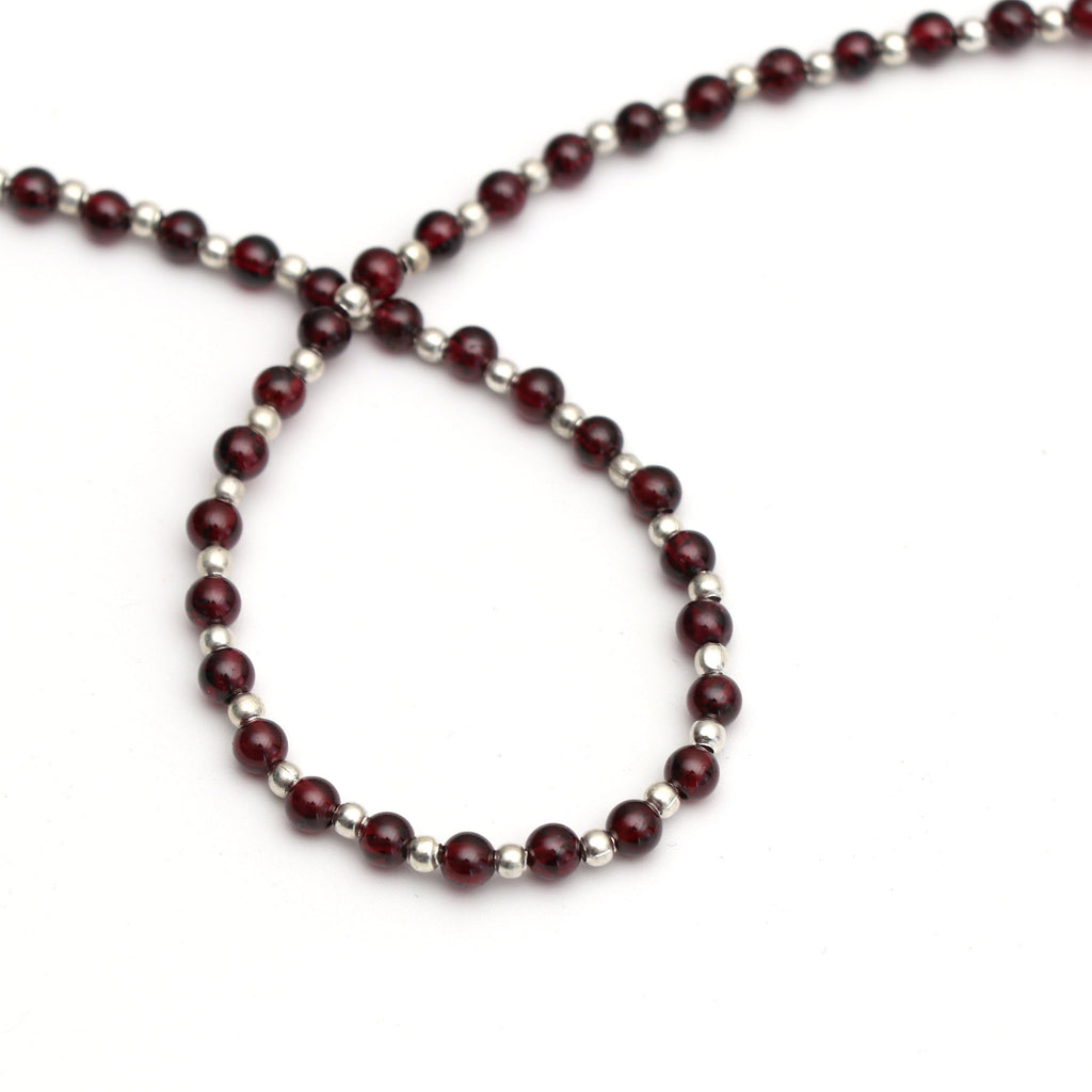 Garnet Smooth Balls Beads with Metal Spacer Ball, Garnet Round Balls, 3mm to 4mm - Garnet- Gem Quality, 8 Inch Full Strand, Price Per Strand - National Facets, Gemstone Manufacturer, Natural Gemstones, Gemstone Beads