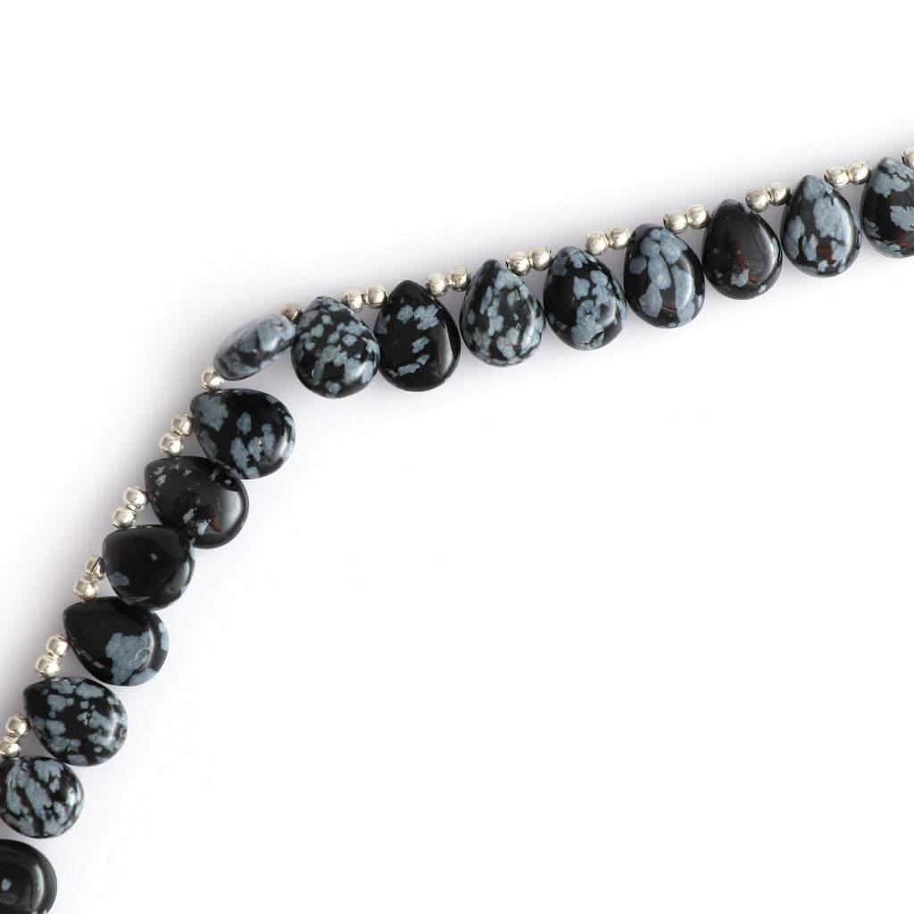 Natural Snowflake Obsidian Smooth Pears Beads -7x9 mm to 8x10 mm-Snowflake Obsidian-Gem Quality, 20 Cm/ 8 Inch, Price Per Strand - National Facets, Gemstone Manufacturer, Natural Gemstones, Gemstone Beads