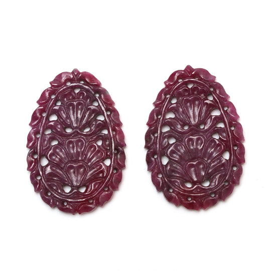Natural Ruby Carving Oval Shaped Loose Gemstone - 25x36 mm - Ruby Oval, Ruby Carving Loose Gemstone, Pair (2 Pieces)