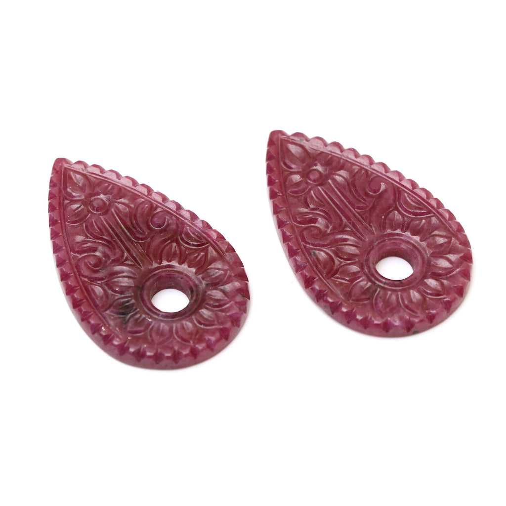 Natural Ruby Carving Pear Shaped Loose Gemstone - 27x43 mm - Ruby Pear, Ruby Carving Loose Gemstone, Pair (2 Pieces) - National Facets, Gemstone Manufacturer, Natural Gemstones, Gemstone Beads