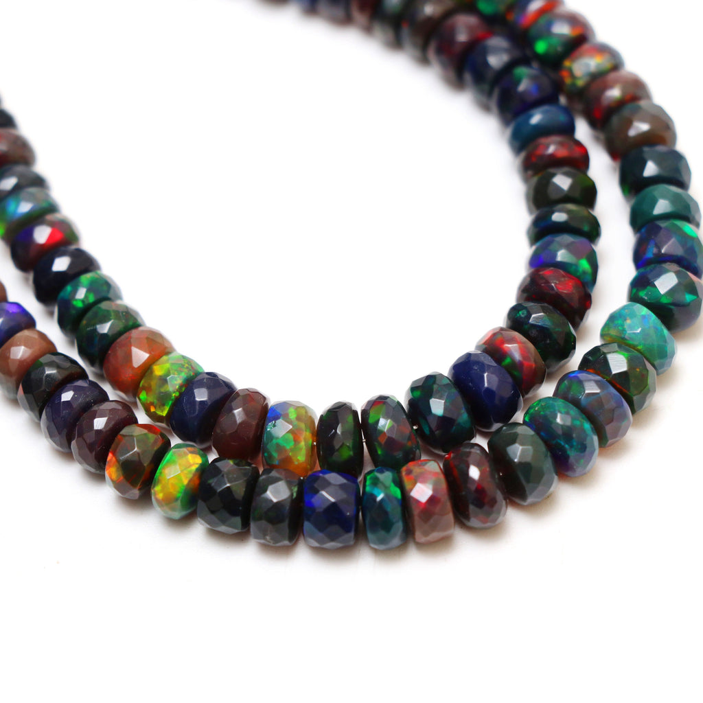 Natural Black Ethiopian Opal Smooth Rondelle Beads | 6 mm to 7.5 mm | 8 Inches/ 18 Inches Full Strand | Price Per Strand - National Facets, Gemstone Manufacturer, Natural Gemstones, Gemstone Beads