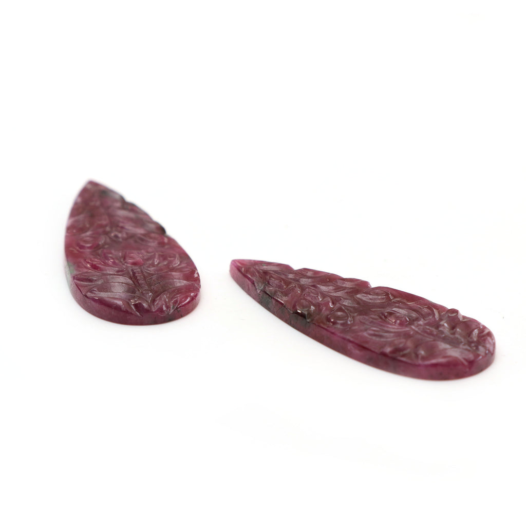 Natural Ruby Carving Pear Shaped Loose Gemstone - 41x17x2 mm - Ruby Pear, Ruby Carving Loose Gemstone, Pair (2 Pieces) - National Facets, Gemstone Manufacturer, Natural Gemstones, Gemstone Beads