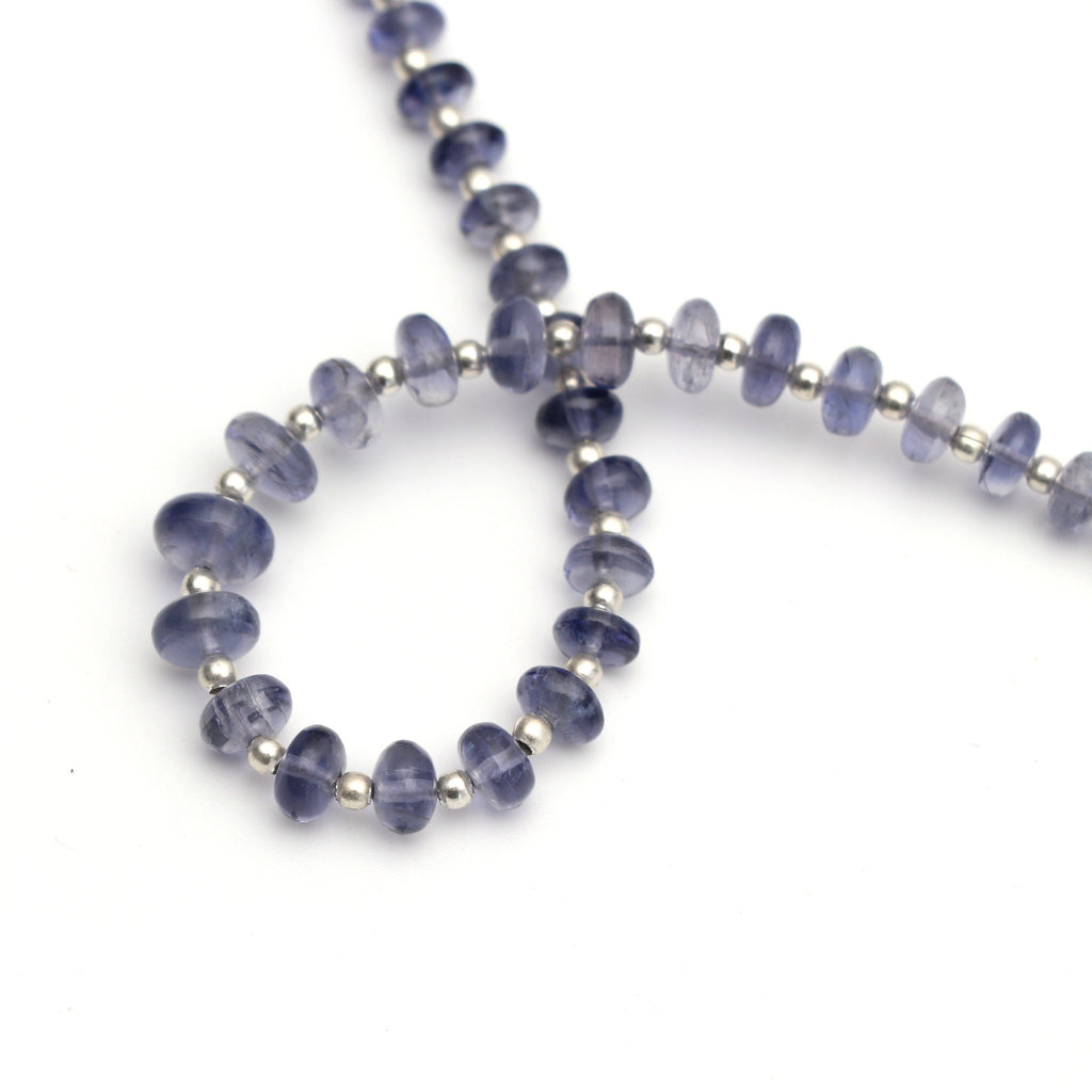 Iolite Smooth Roundel Beads With Metal Spacer Balls - 5 mm to 7 mm - Iolite - Gem Quality , 8 Inch/ 20 Cm Full Strand, Price Per Strand - National Facets, Gemstone Manufacturer, Natural Gemstones, Gemstone Beads