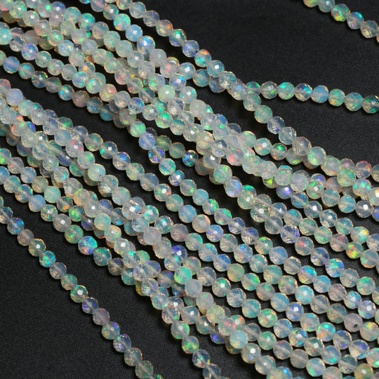 Natural Ethiopian Opal Faceted Round Balls Beads - 3.5mm To 4mm , Opal Jewelry Making Beads, 18 Inches Full Strand, Price Per Strand