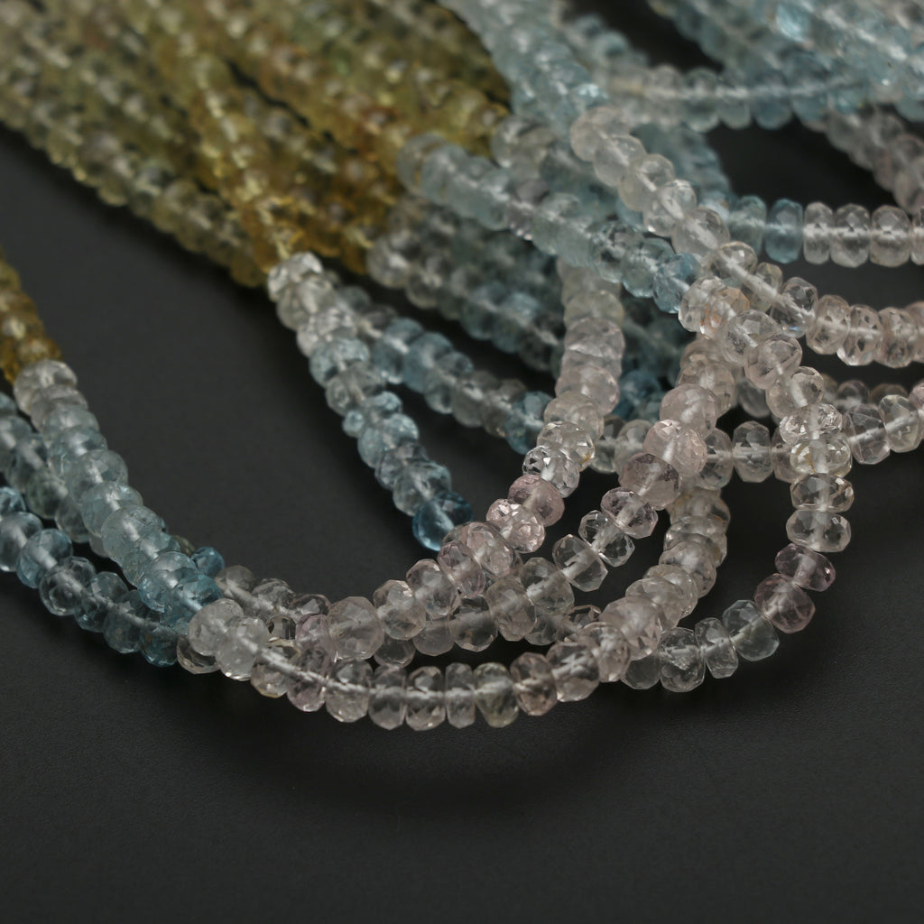 Multi Aqua Faceted Rondelle Beads | 4.5 mm to 5 mm | Multi Aquamarine Beads | Gem Quality | 8 Inch/ 18 Inch Full Strand | Price Per Strand - National Facets, Gemstone Manufacturer, Natural Gemstones, Gemstone Beads