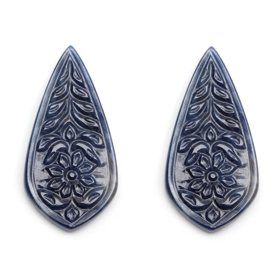 Natural Blue Sapphire Carving Leaf Shape Loose Gemstone - 45x22mm - Sapphire Jewelry Making Gemstone, Pair (2 Pieces)