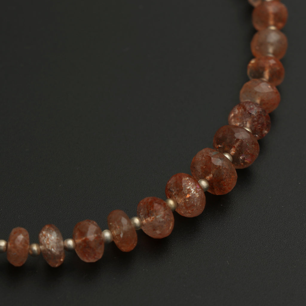 Natural Sunstone Faceted Roundel Beads With Metal Spacer Balls - 5 mm to 9 mm - Sunstone -Gem Quality, 8 Inch Full Strand, Price Per Strand - National Facets, Gemstone Manufacturer, Natural Gemstones, Gemstone Beads