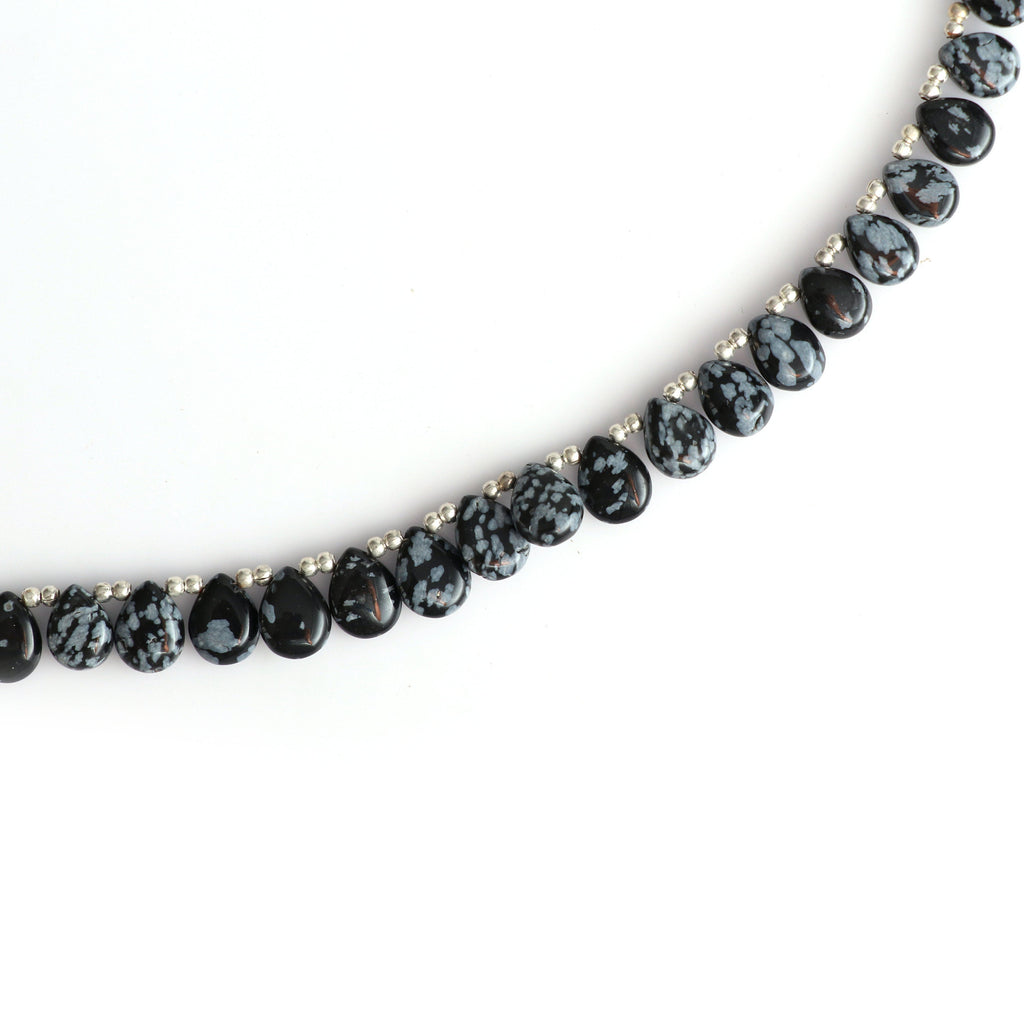 Natural Snowflake Obsidian Smooth Pears Beads -7x9 mm to 8x10 mm-Snowflake Obsidian-Gem Quality, 20 Cm/ 8 Inch, Price Per Strand - National Facets, Gemstone Manufacturer, Natural Gemstones, Gemstone Beads