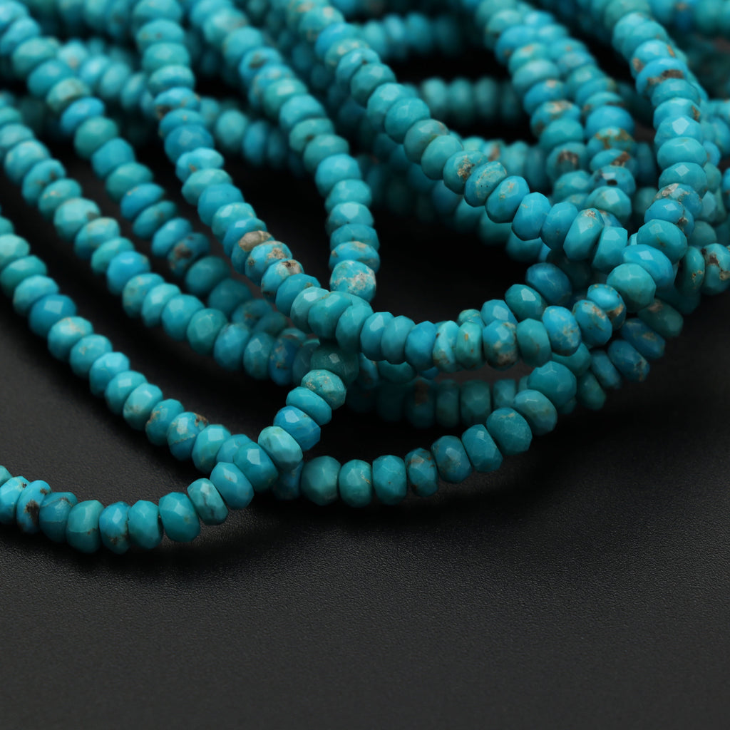 Turquoise Faceted Roundel Beads, 4 mm, Turquoise Roundel Beads - Gem Quality , 18 Inch/ 46 Cm Full Strand, Price Per Strand - National Facets, Gemstone Manufacturer, Natural Gemstones, Gemstone Beads