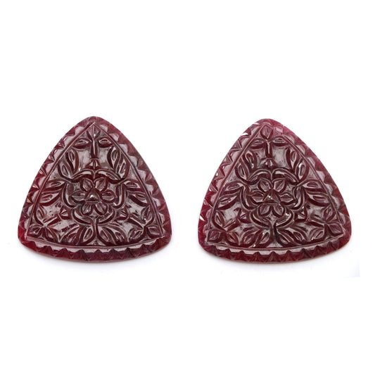 Natural Ruby Carving Trillion Shaped Loose Gemstone - 48x48 mm - Ruby Trillion, Ruby Carving Loose Gemstone, Pair (2 Pieces)