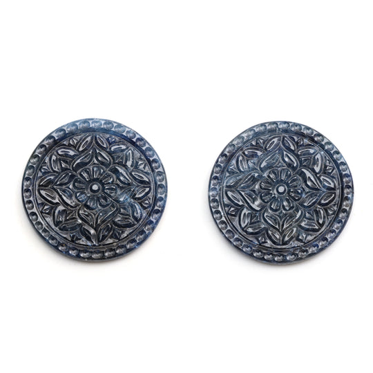 Natural Blue Sapphire Carving Round Loose Gemstone - 39x39 mm- Sapphire Jewelry Making Gemstone, Pair (2 Pieces)