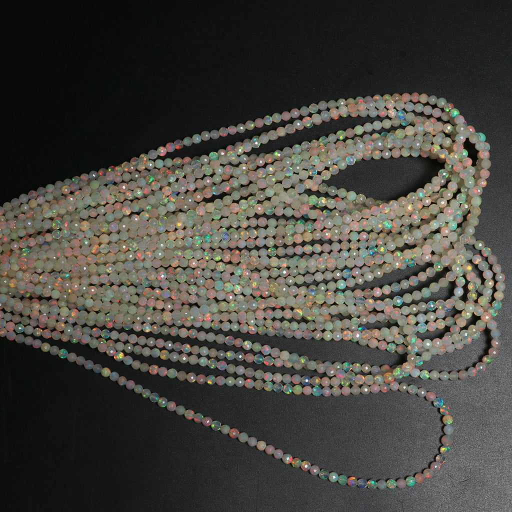 Natural Ethiopian Opal Faceted Round Balls Beads - 3.5mm To 4.5mm , White Base Opal , 8 Inches / 18 Inches Full Strand, Price Per Strand - National Facets, Gemstone Manufacturer, Natural Gemstones, Gemstone Beads