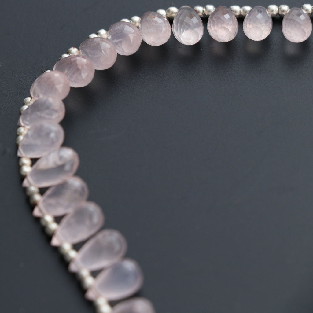 Rose Quartz Faceted Drops Beads - 5x8 mm to 6x10 mm - Rose Quartz Briollete - Gem Quality , 20 Cm Full Strand, Price Per Strand - National Facets, Gemstone Manufacturer, Natural Gemstones, Gemstone Beads