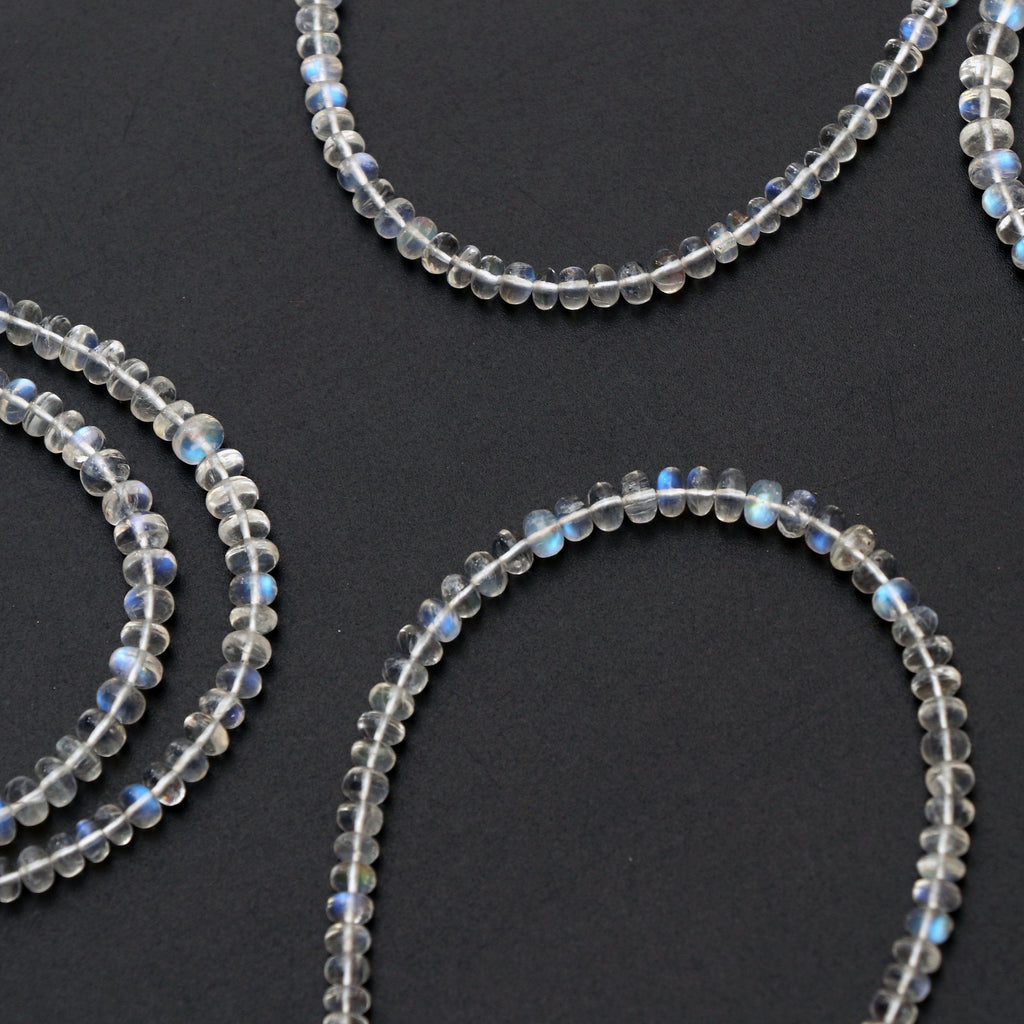 Natural Rainbow Moonstone Smooth Roundel Beads, 3 mm to 5 mm, Rainbow Beads, Moonstone Strand, 8 Inch/16 inch Full Strand, per strand price - National Facets, Gemstone Manufacturer, Natural Gemstones, Gemstone Beads