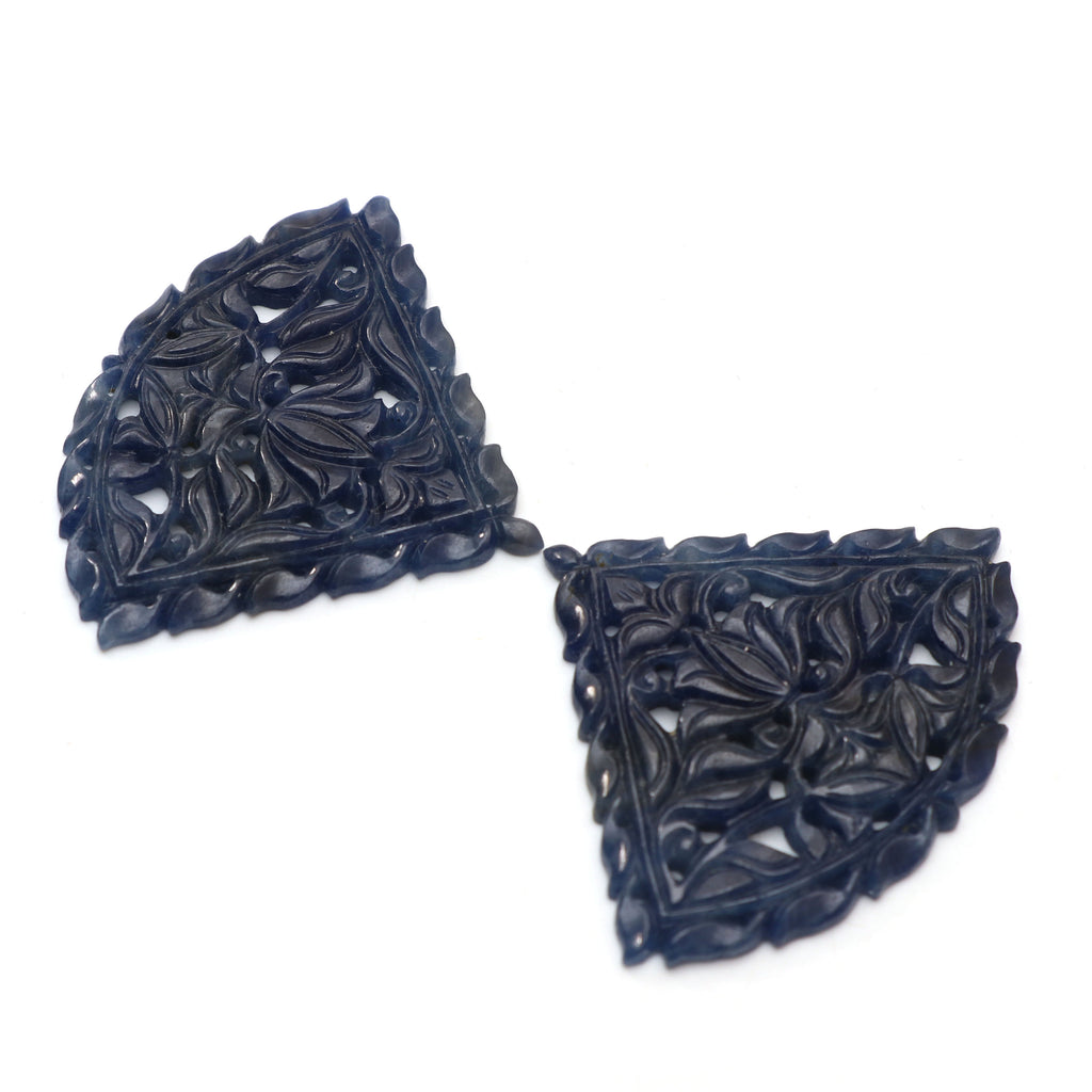 Natural Blue Sapphire Carving Triangle Loose Gemstone - 50x40mm - Sapphire Cone , Sapphire Carving Loose Gemstone ,Pair (2 Pieces) - National Facets, Gemstone Manufacturer, Natural Gemstones, Gemstone Beads