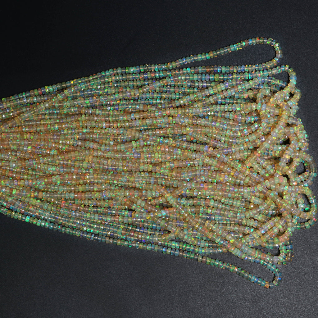 Natural Ethiopian Opal Faceted Roundell Beads, White Fire Opal , 3.5 mm to 4 mm - Ethiopian Opal - 8 Inch / 16 Inches, Price Per Strand - National Facets, Gemstone Manufacturer, Natural Gemstones, Gemstone Beads