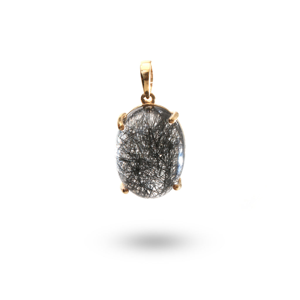 Black Rutile Smooth Oval Gemstone Prong Pendant | 925 Sterling Silver Gold Plated | Gift For Mom | Price Per Pendant - National Facets, Gemstone Manufacturer, Natural Gemstones, Gemstone Beads