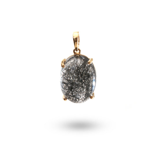 Black Rutile Smooth Oval Gemstone Prong Pendant | 925 Sterling Silver Gold Plated | Gift For Mom | Price Per Pendant