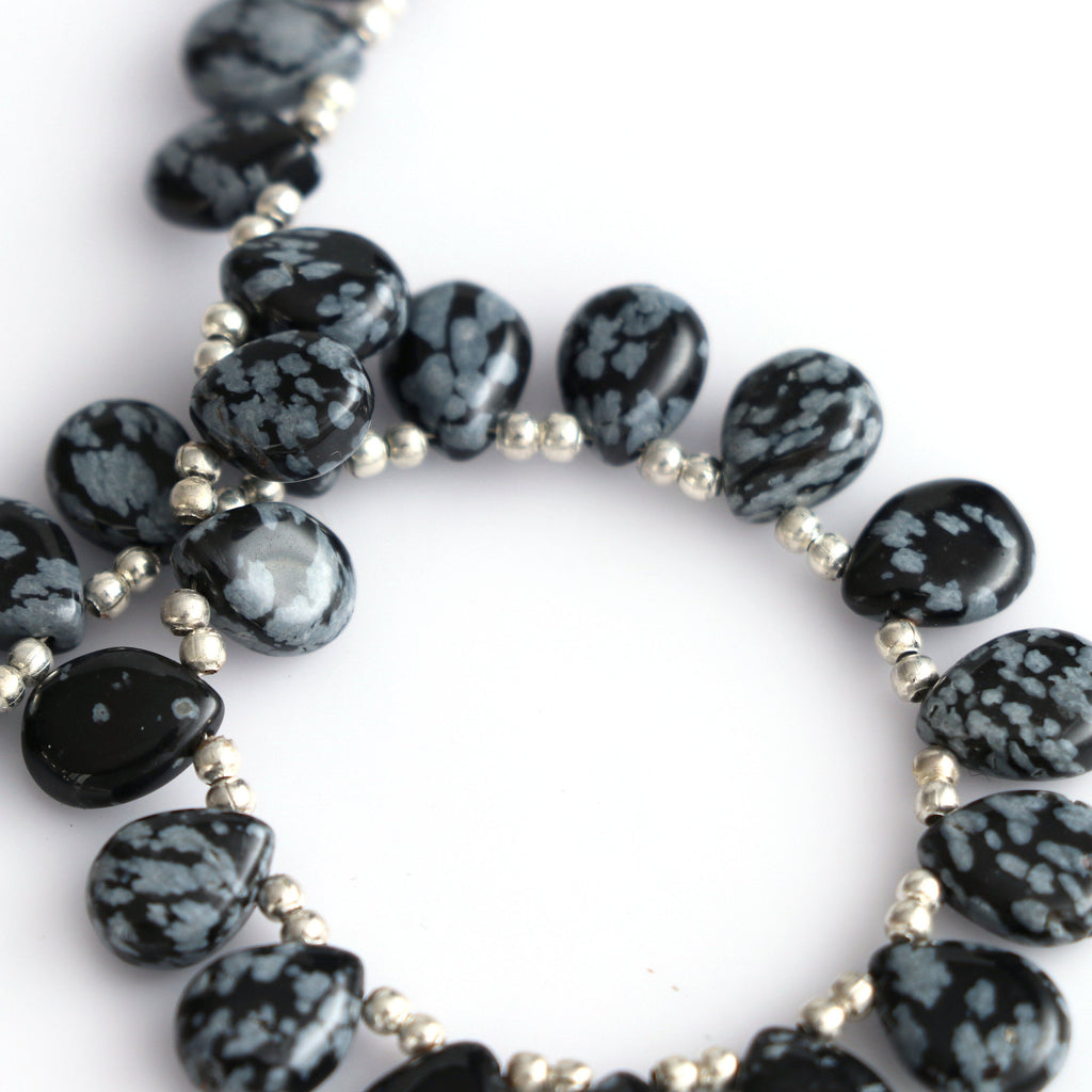 Natural Snowflake Obsidian Smooth Pears Beads -7x9 mm to 8x10 mm-Snowflake Obsidian-Gem Quality, 20 Cm/ 8 Inch, Price Per Strand - National Facets, Gemstone Manufacturer, Natural Gemstones, Gemstone Beads