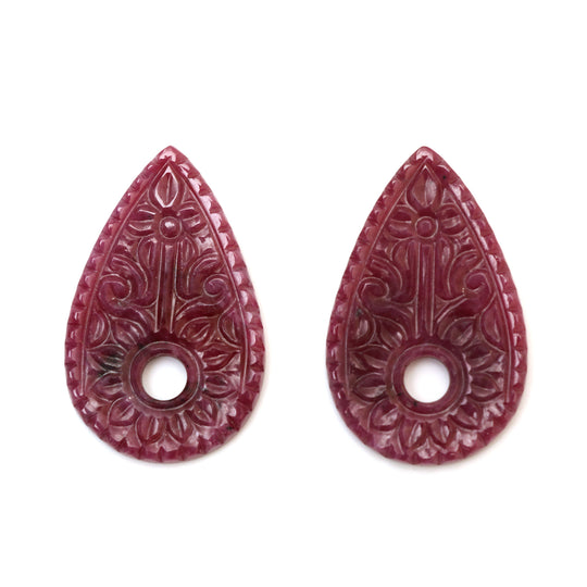 Natural Ruby Carving Pear Shaped Loose Gemstone - 27x43 mm - Ruby Pear, Ruby Carving Loose Gemstone, Pair (2 Pieces)
