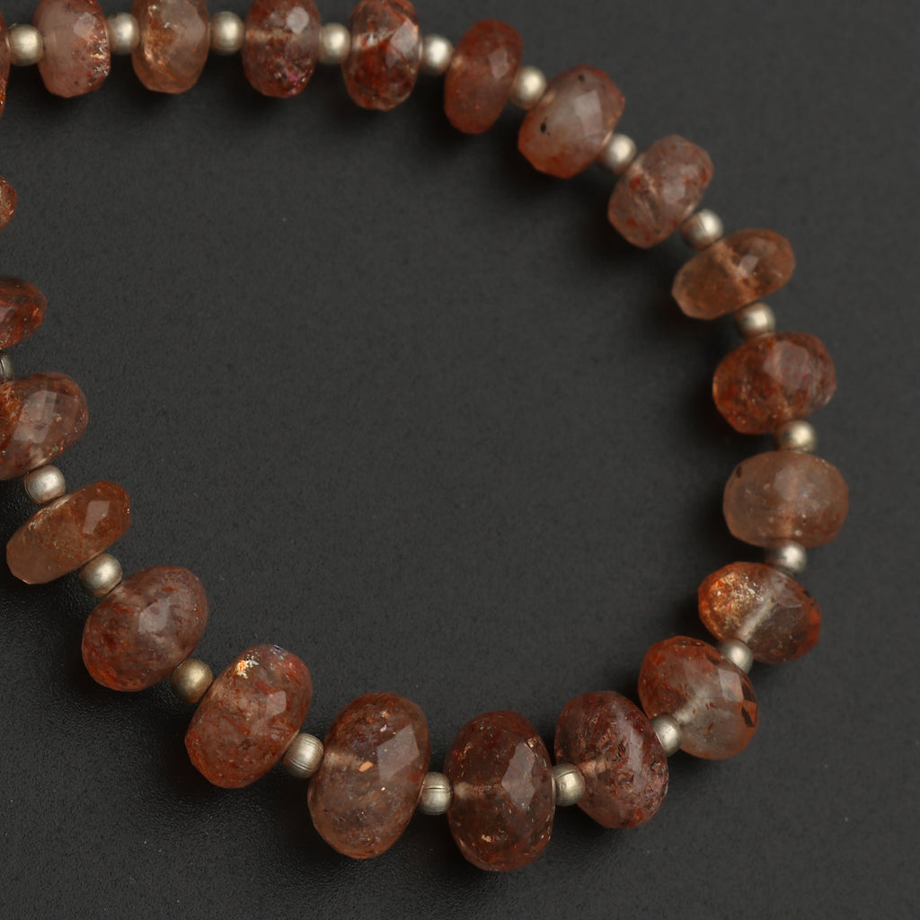 Natural Sunstone Faceted Roundel Beads With Metal Spacer Balls - 5 mm to 9 mm - Sunstone -Gem Quality, 8 Inch Full Strand, Price Per Strand - National Facets, Gemstone Manufacturer, Natural Gemstones, Gemstone Beads