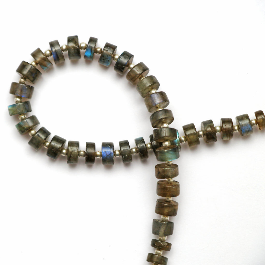 Natural Labradorite Smooth Tyre Beads , 2x6 mm to 4x7 mm, Labradorite Roundel Tyre, Gem Quality, 8 Inch Full Strand, Price Per Strand - National Facets, Gemstone Manufacturer, Natural Gemstones, Gemstone Beads