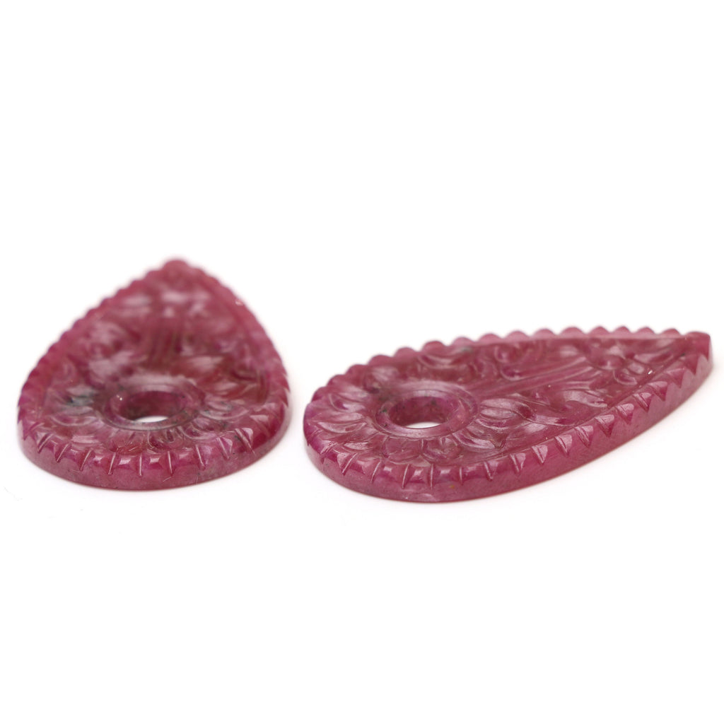 Natural Ruby Carving Pear Shaped Loose Gemstone - 27x43 mm - Ruby Pear, Ruby Carving Loose Gemstone, Pair (2 Pieces) - National Facets, Gemstone Manufacturer, Natural Gemstones, Gemstone Beads