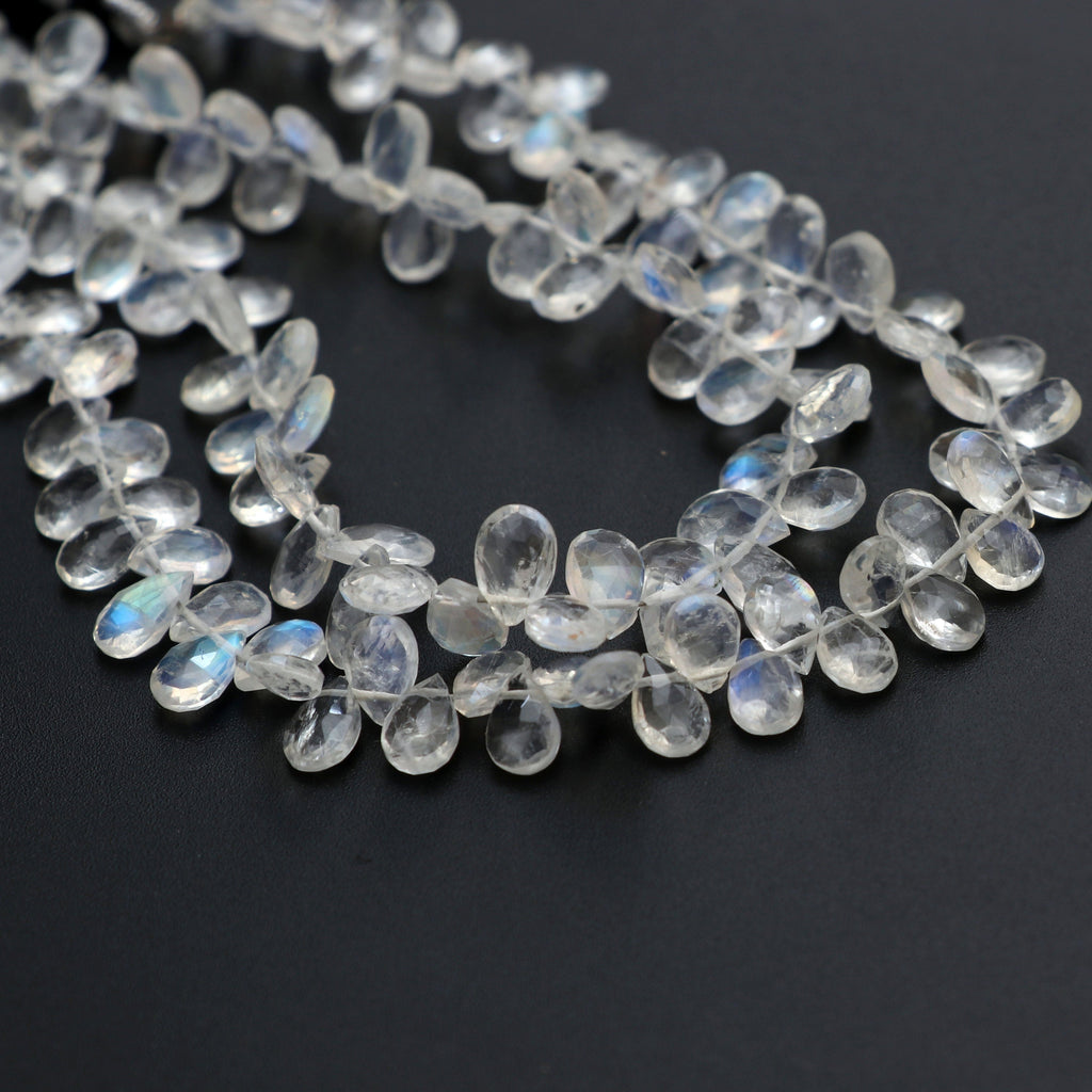 Natural Rainbow Moonstone Faceted Pear Briolette Beads, 4.5x7 MM to 5x7.5 MM, Moonstone Strand, 8 Inch/16 inch Full Strand, per strand price - National Facets, Gemstone Manufacturer, Natural Gemstones, Gemstone Beads