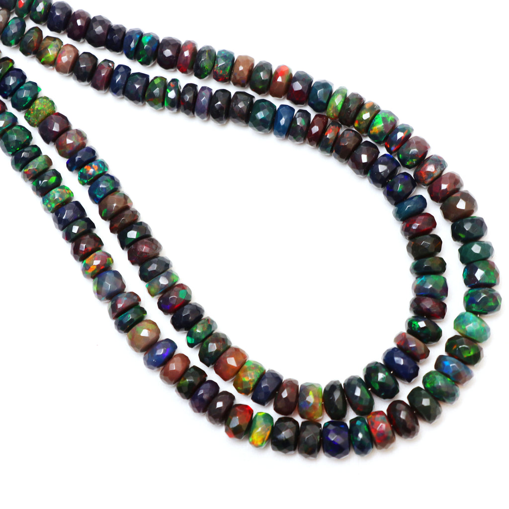 Natural Black Ethiopian Opal Smooth Rondelle Beads | 6 mm to 7.5 mm | 8 Inches/ 18 Inches Full Strand | Price Per Strand - National Facets, Gemstone Manufacturer, Natural Gemstones, Gemstone Beads