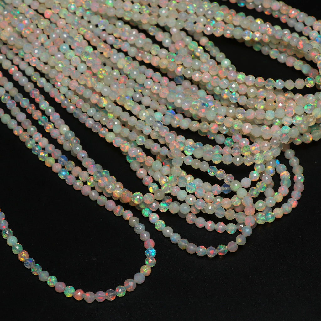 Natural Ethiopian Opal Faceted Round Balls Beads - 3.5mm To 4.5mm , White Base Opal , 8 Inches / 18 Inches Full Strand, Price Per Strand - National Facets, Gemstone Manufacturer, Natural Gemstones, Gemstone Beads