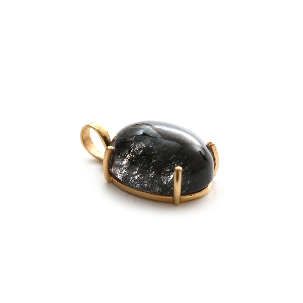 Black Rutile Smooth Oval Gemstone Prong Pendant | 925 Sterling Silver Gold Plated | Gift For Mom | Price Per Pendant - National Facets, Gemstone Manufacturer, Natural Gemstones, Gemstone Beads