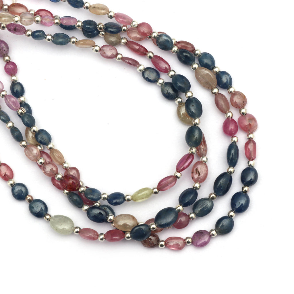 Multi Sapphire Smooth Oval with Metal Spacer Ball Beads- 2x4mm to 4x7mm- Multi Sapphire Oval-Gem Quality,20 Cm Full Strand, Price Per Strand - National Facets, Gemstone Manufacturer, Natural Gemstones, Gemstone Beads