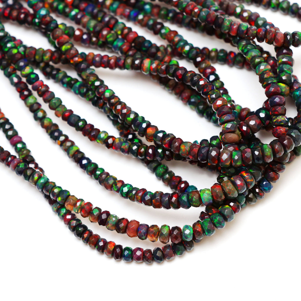 Natural Black Ethiopian Opal Smooth Rondelle Beads | 4 mm to 5.5 mm | 8 Inches/ 18 Inches Full Strand | Price Per Strand - National Facets, Gemstone Manufacturer, Natural Gemstones, Gemstone Beads