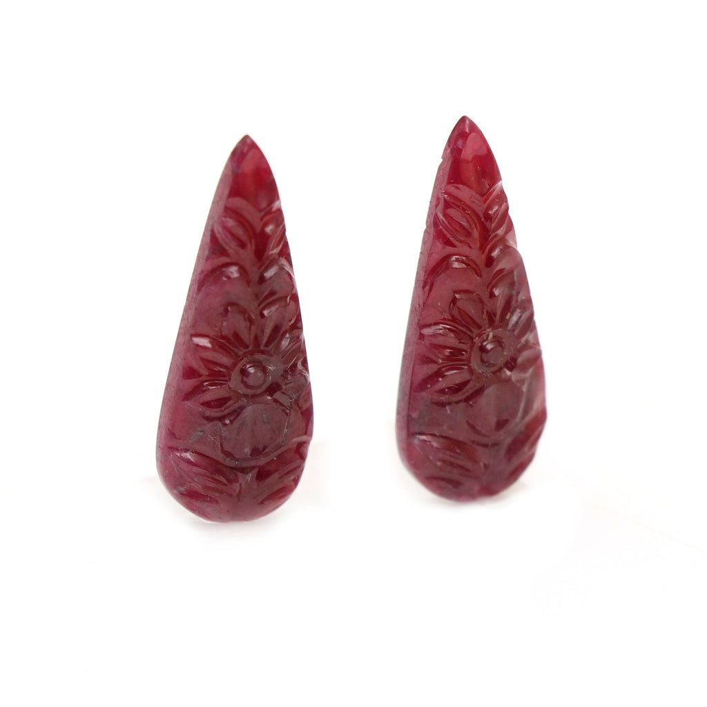 Natural Ruby Carving Pear Shaped Loose Gemstone - 10x27 mm - Ruby Pear, Ruby Carving Loose Gemstone, Pair (2 Pieces) - National Facets, Gemstone Manufacturer, Natural Gemstones, Gemstone Beads