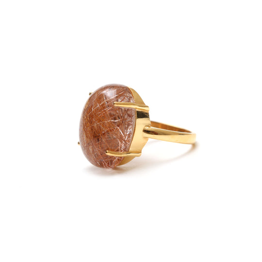 Copper Rutile Smooth Oval Gemstone Prong Ring, 925 Sterling Silver Gold Plated