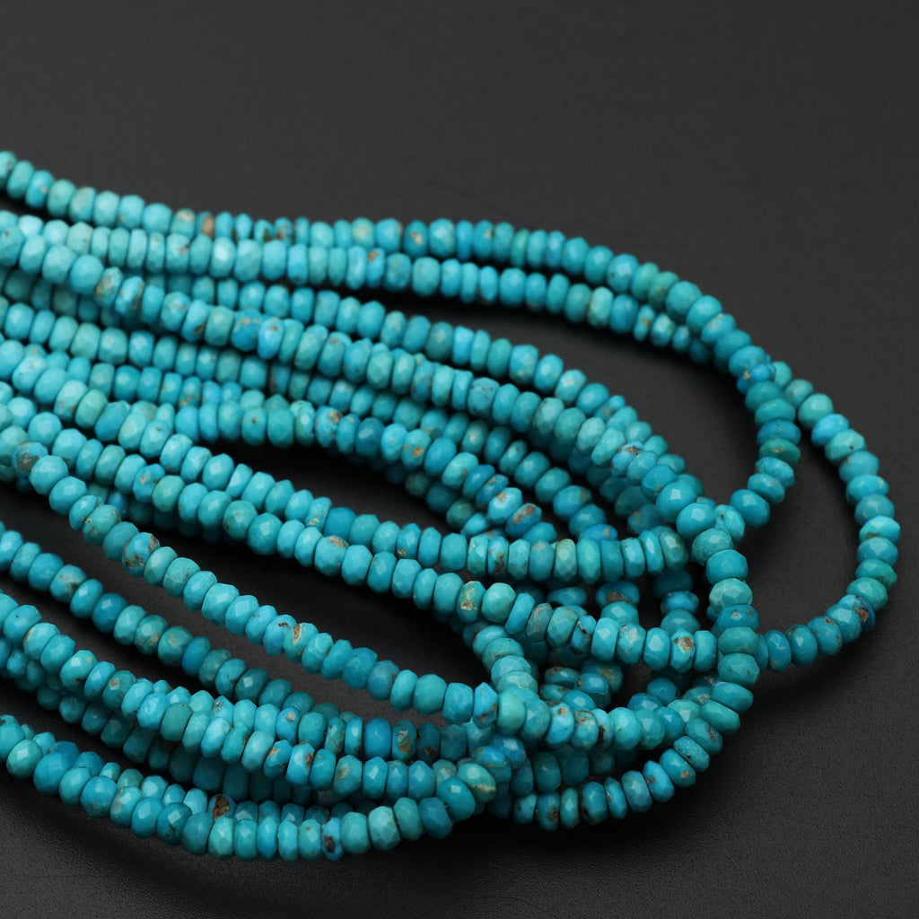 Turquoise Faceted Roundel Beads, 4 mm, Turquoise Roundel Beads - Gem Quality , 18 Inch/ 46 Cm Full Strand, Price Per Strand - National Facets, Gemstone Manufacturer, Natural Gemstones, Gemstone Beads
