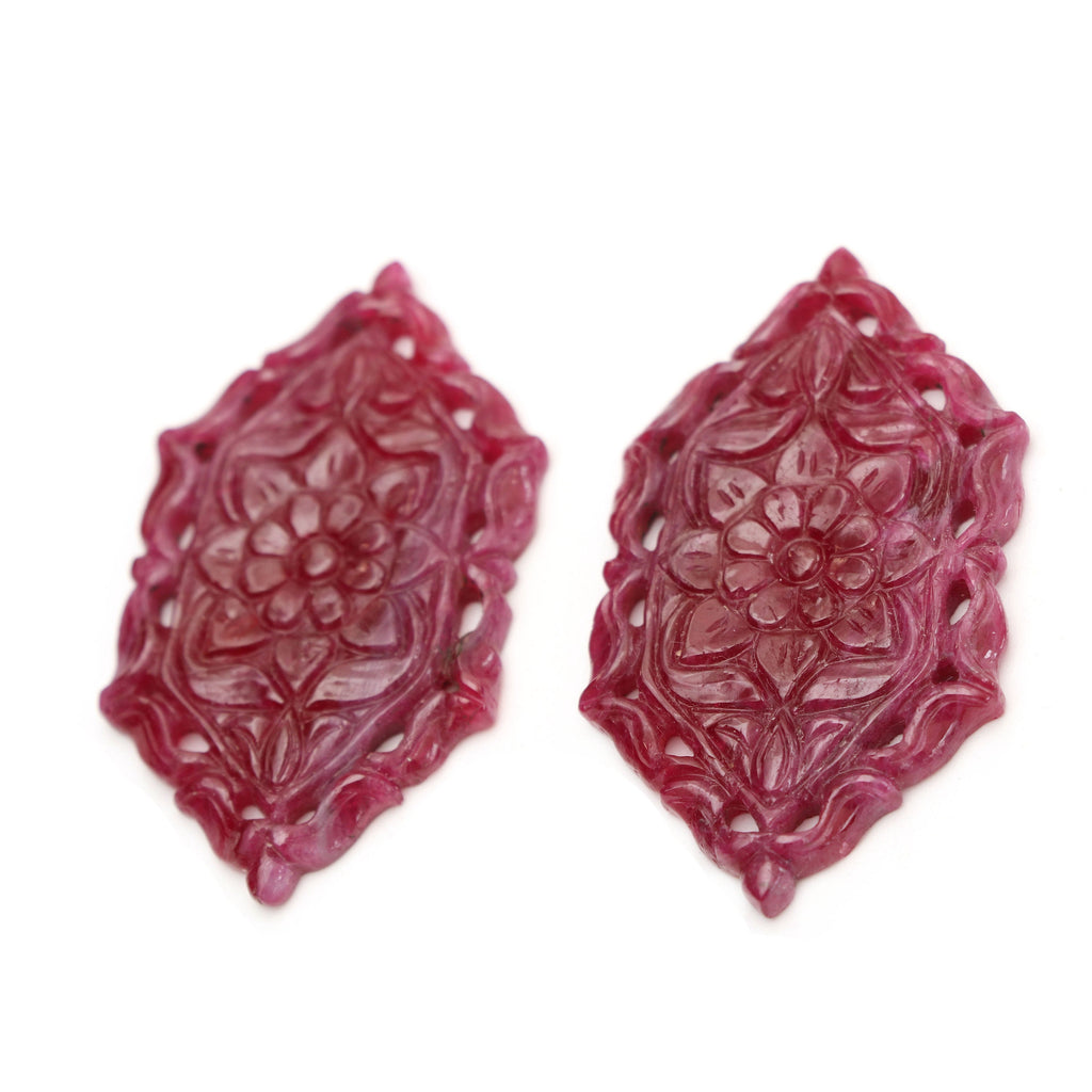 Natural Ruby Carving Hexagon Shaped Loose Gemstone - 27x50 mm - Ruby Hexagon, Ruby Carving Loose Gemstone, Pair (2 Pieces) - National Facets, Gemstone Manufacturer, Natural Gemstones, Gemstone Beads