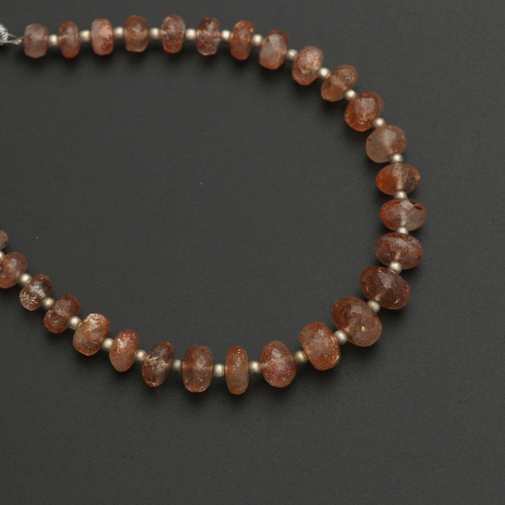 Natural Sunstone Faceted Roundel Beads With Metal Spacer Balls - 5 mm to 9 mm - Sunstone -Gem Quality, 8 Inch Full Strand, Price Per Strand - National Facets, Gemstone Manufacturer, Natural Gemstones, Gemstone Beads