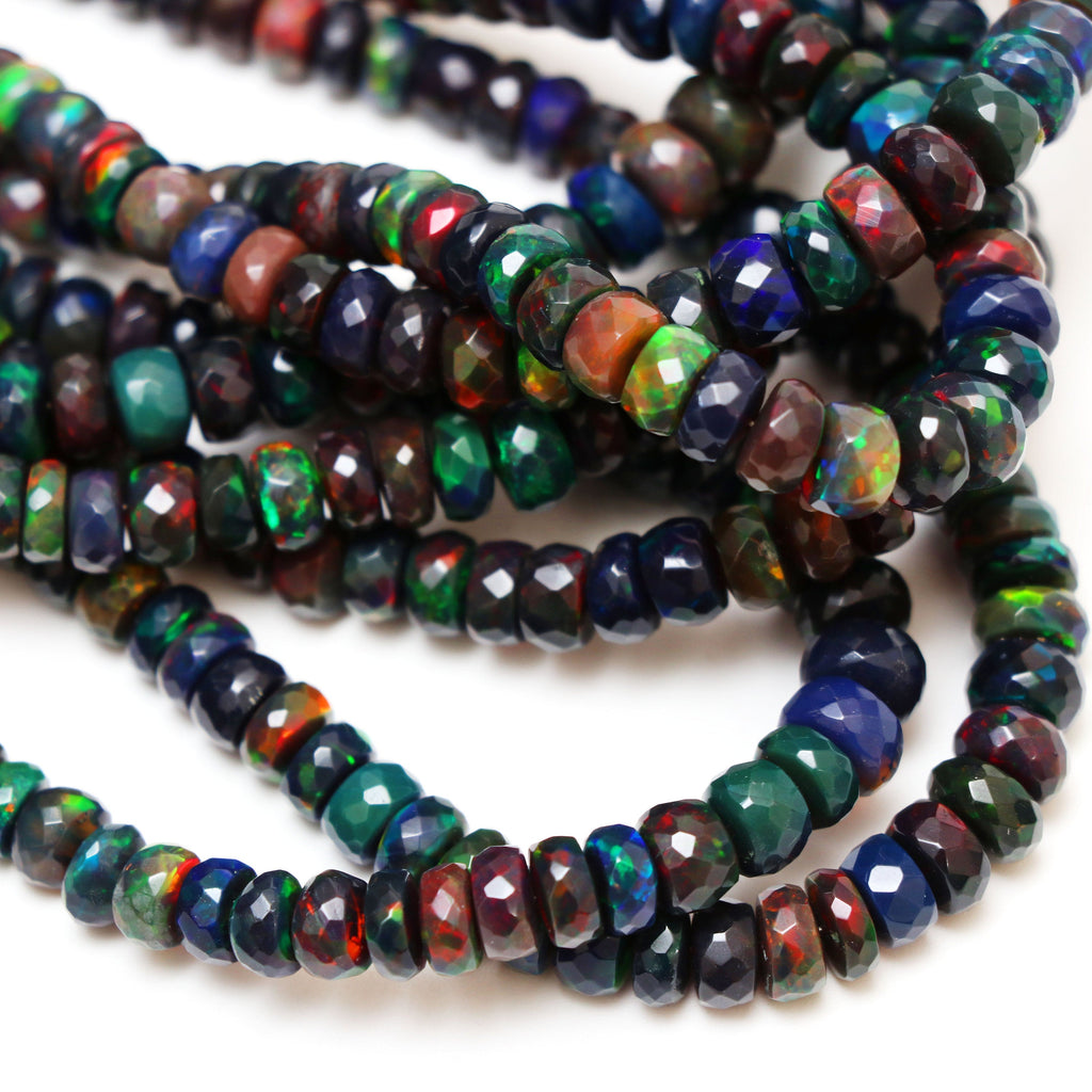 Natural Black Ethiopian Opal Smooth Rondelle Beads | 6 mm to 7.5 mm | 8 Inches/ 18 Inches Full Strand | Price Per Strand - National Facets, Gemstone Manufacturer, Natural Gemstones, Gemstone Beads