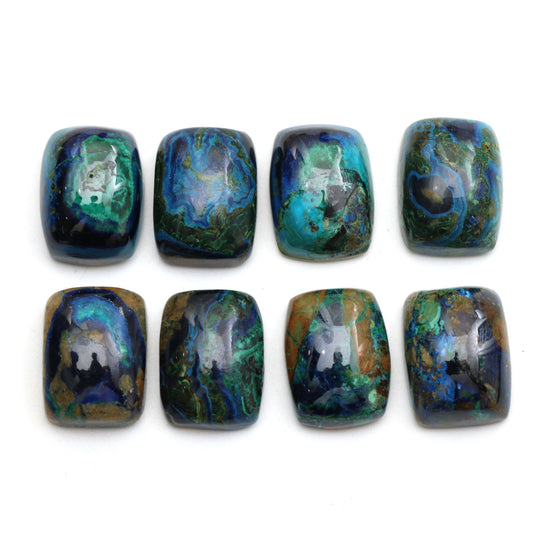 Natural Azurite Malachite Smooth Rectangle Cabochon, 16x12 mm, Malachite Jewelry Making Gemstone, Set of 8 Pieces