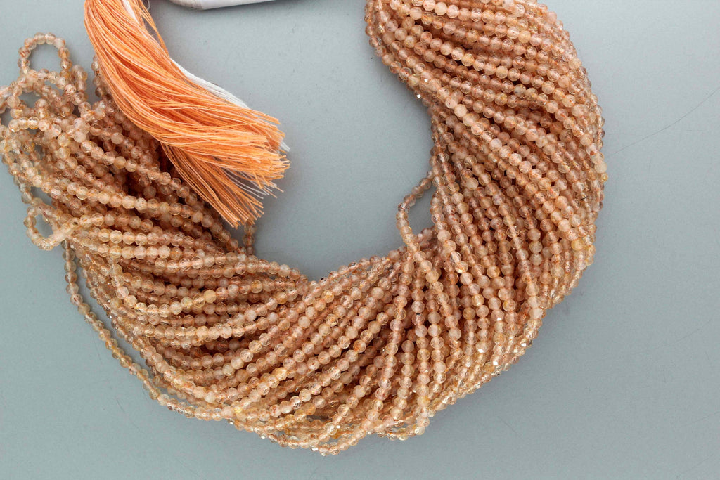 Natural Sunstone Beads , Faceted Sunstone Beads , Round sunstone Beads ,Tiny Stone Beads 2.5 mm , Mirc Cut Gemstone Beads 15.5" strand - National Facets, Gemstone Manufacturer, Natural Gemstones, Gemstone Beads