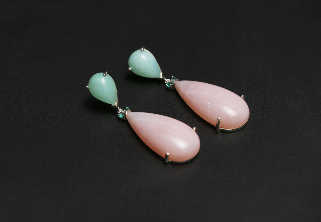 Chrysoprase Pear, Emerald , Pink Opal Pear Earrings | Beautiful Natural Gemstone Earrings | 925 Sterling Silver Prong Earrings, Gift For Her - National Facets, Gemstone Manufacturer, Natural Gemstones, Gemstone Beads