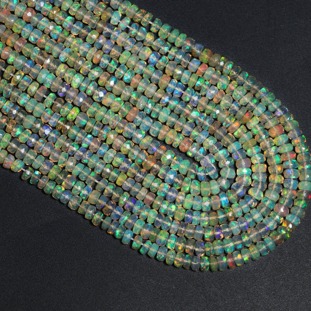Natural Ethiopian Opal Faceted Roundell Beads, White Fire Opal , 3.5 mm to 4 mm - Ethiopian Opal - 8 Inch / 16 Inches, Price Per Strand - National Facets, Gemstone Manufacturer, Natural Gemstones, Gemstone Beads
